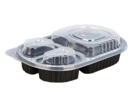 Sporöskjulaga matarbakki með 3 skiptingum og loki